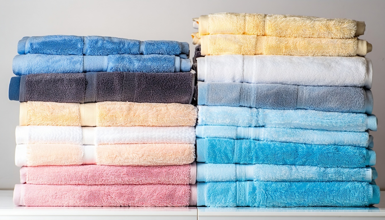 Assorted luxury bath towels stacked in bulk