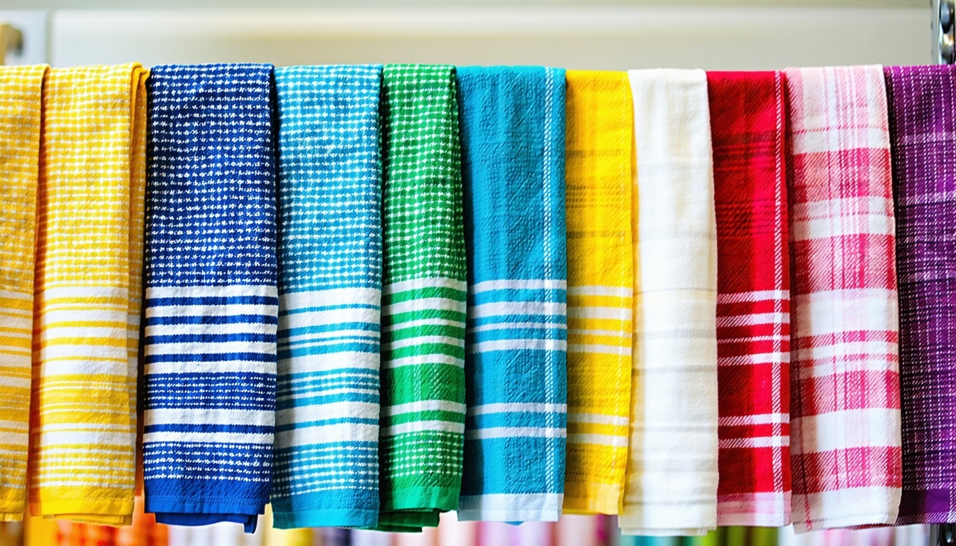 Colorful kitchen towels displayed for wholesale